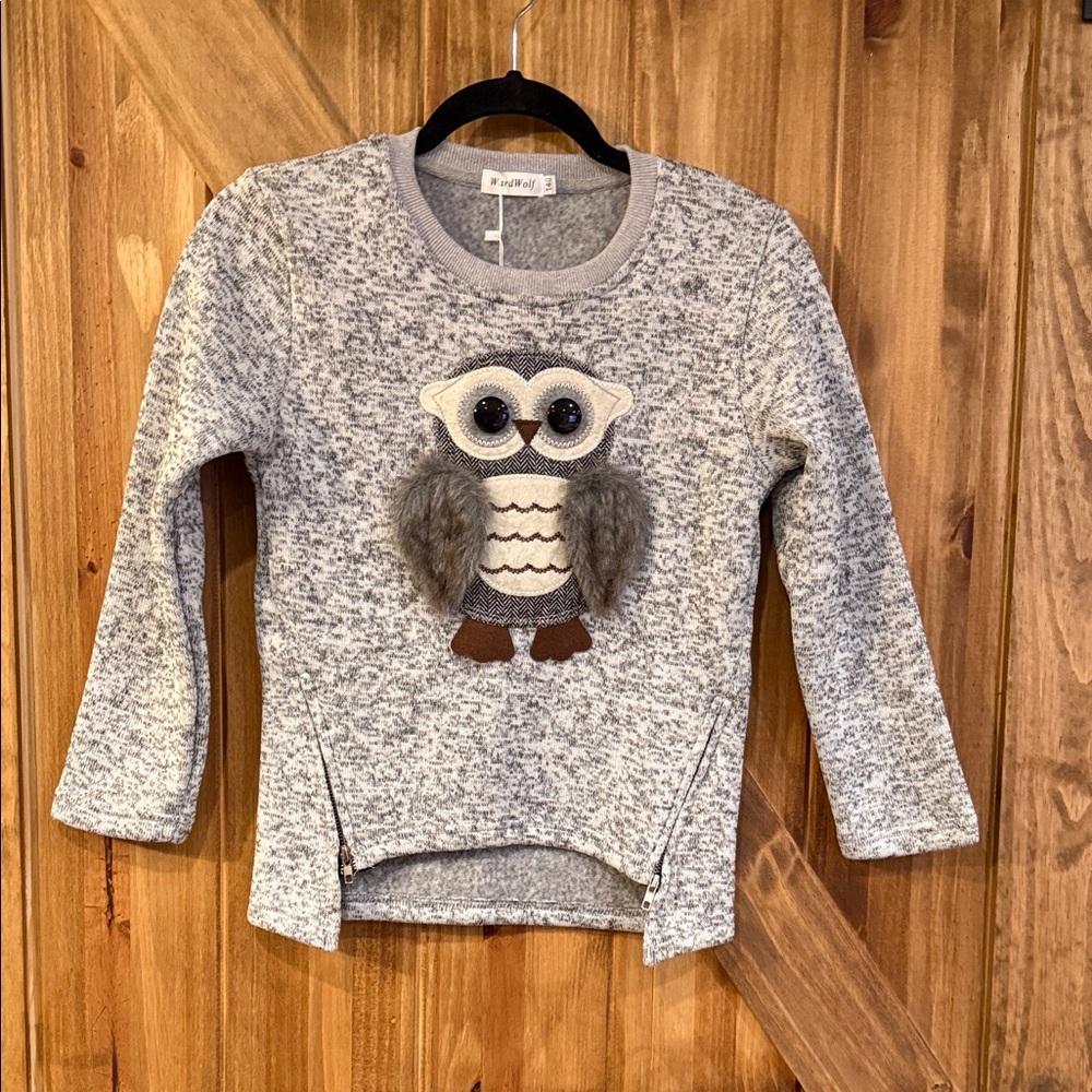 Charming Gray Sweater with Owl Applique